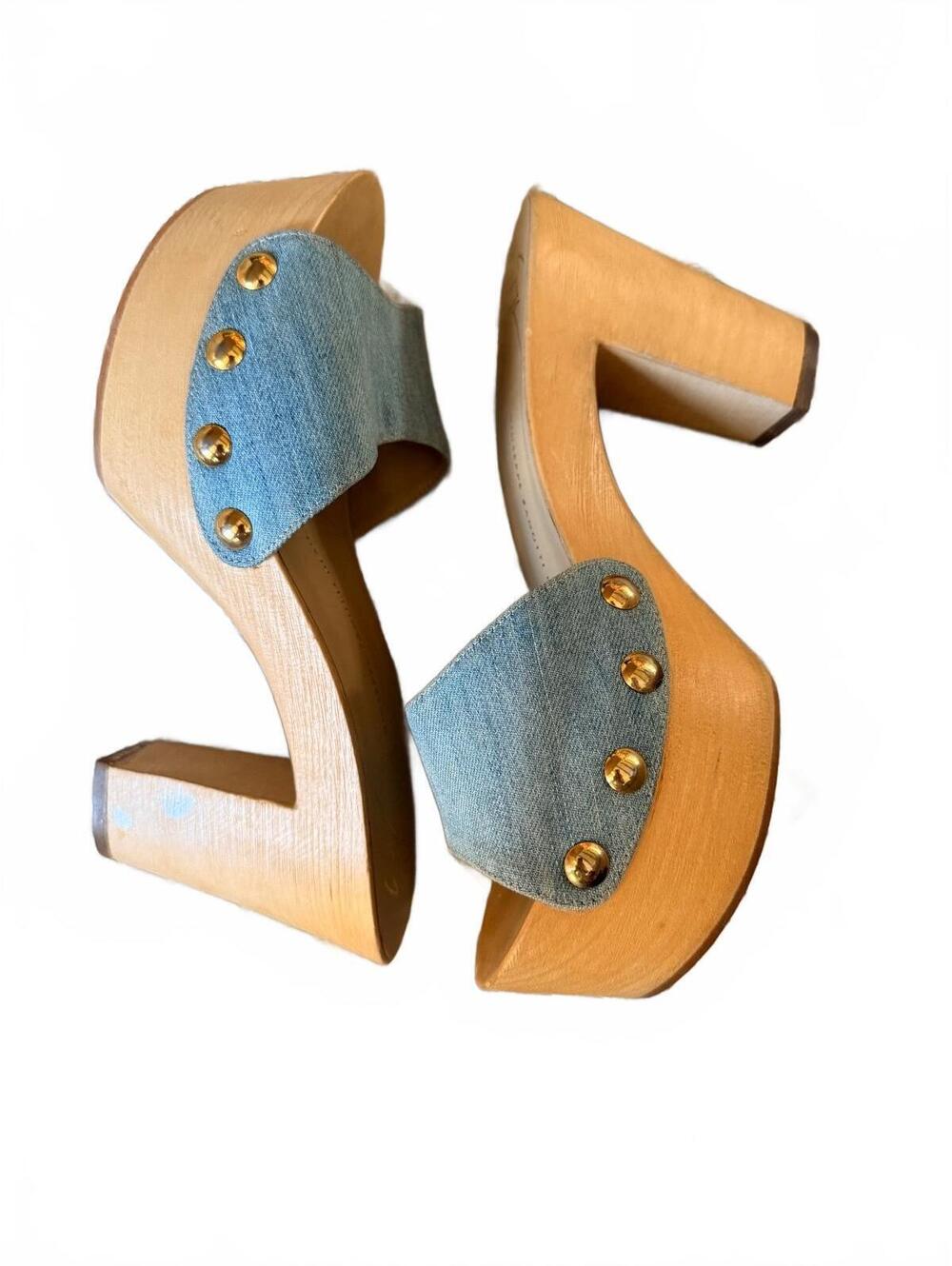 Giuseppe Zanotti Denim and Wood Heeled Slide Sandals Size 37